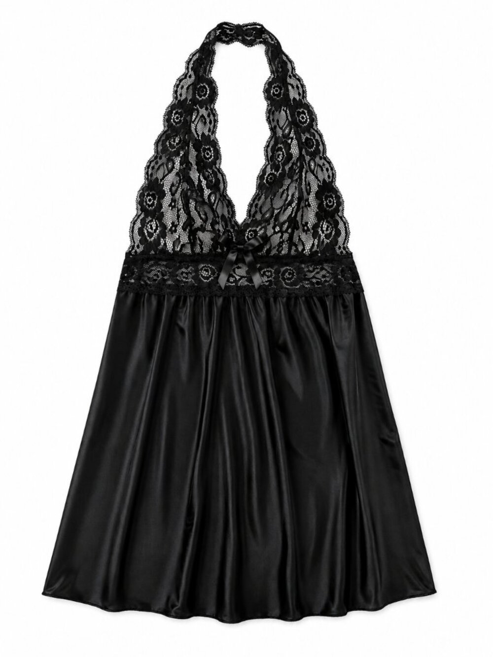 Black Satin Lace Halter Chemise Babydoll Lingerie Size Small